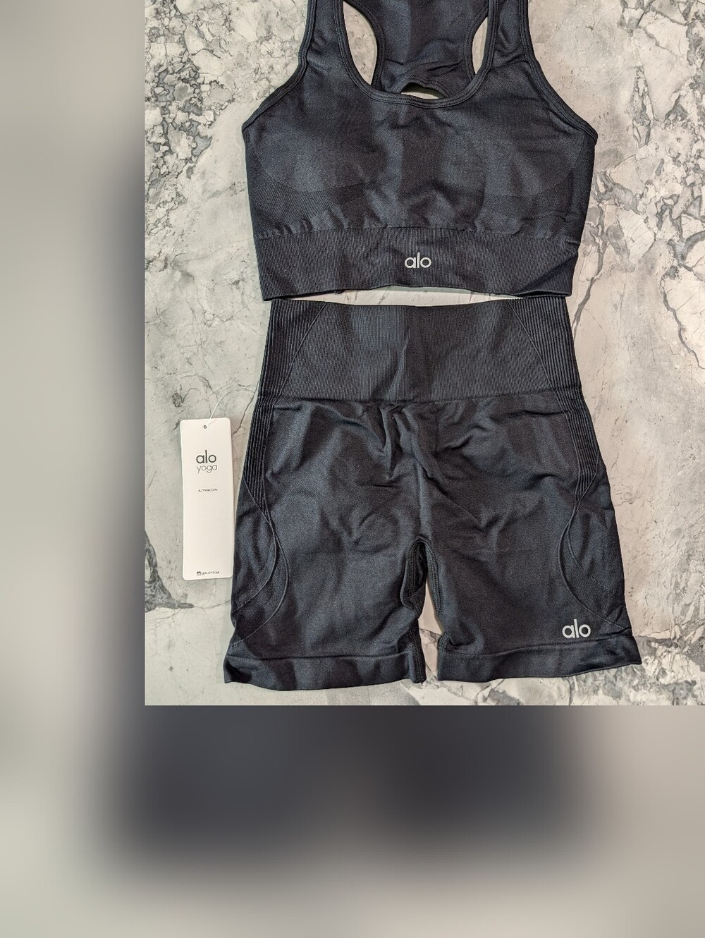 ALO Yoga Black Seamless Sports Bra and High-Waist Bike Shorts Set
